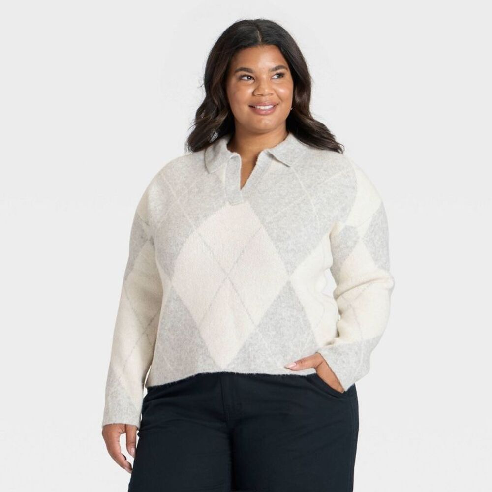 Women's Cozy Knit Polo Sweater - A New Day Gray/Cream Argyle XXL